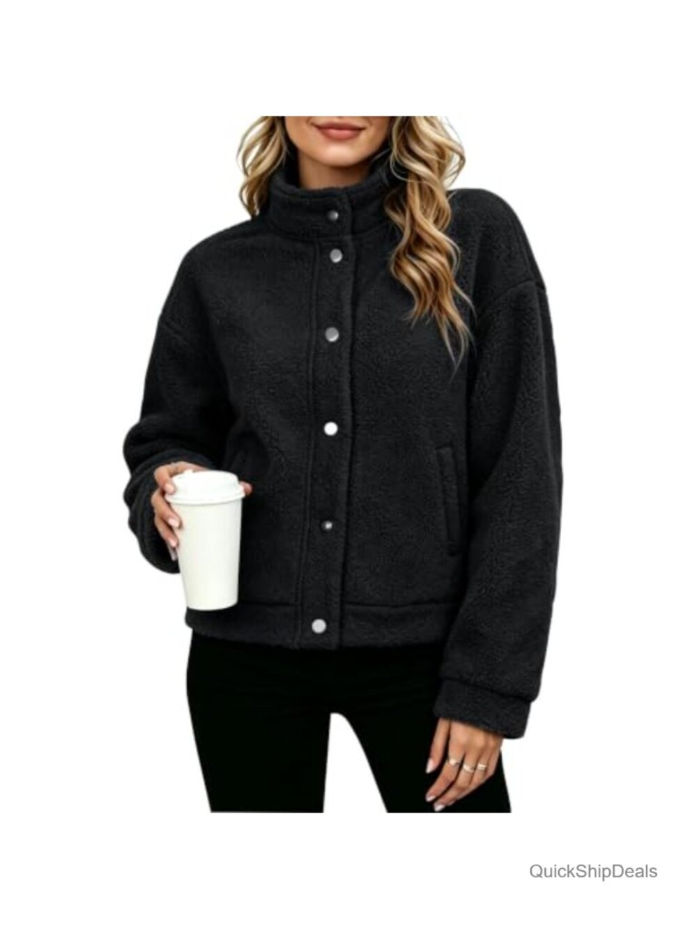 Sherpa Fleece Jacket Snap Button Cropped Coat with Pockets